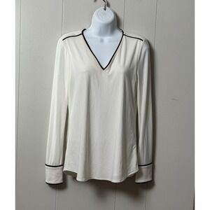 White House Black Market Women White VNeck Long Sleeve Blouse Black Piping Sz XS